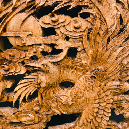 飛天鳳凰26.5㎝（鳳凰•雲) 参次元彫刻『雅』透かし彫 楠彫刻 ウォール