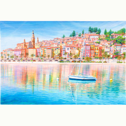 イタリアで版画化☆ポルトフィーノ☆ヨーロッパ 地中海 風景画