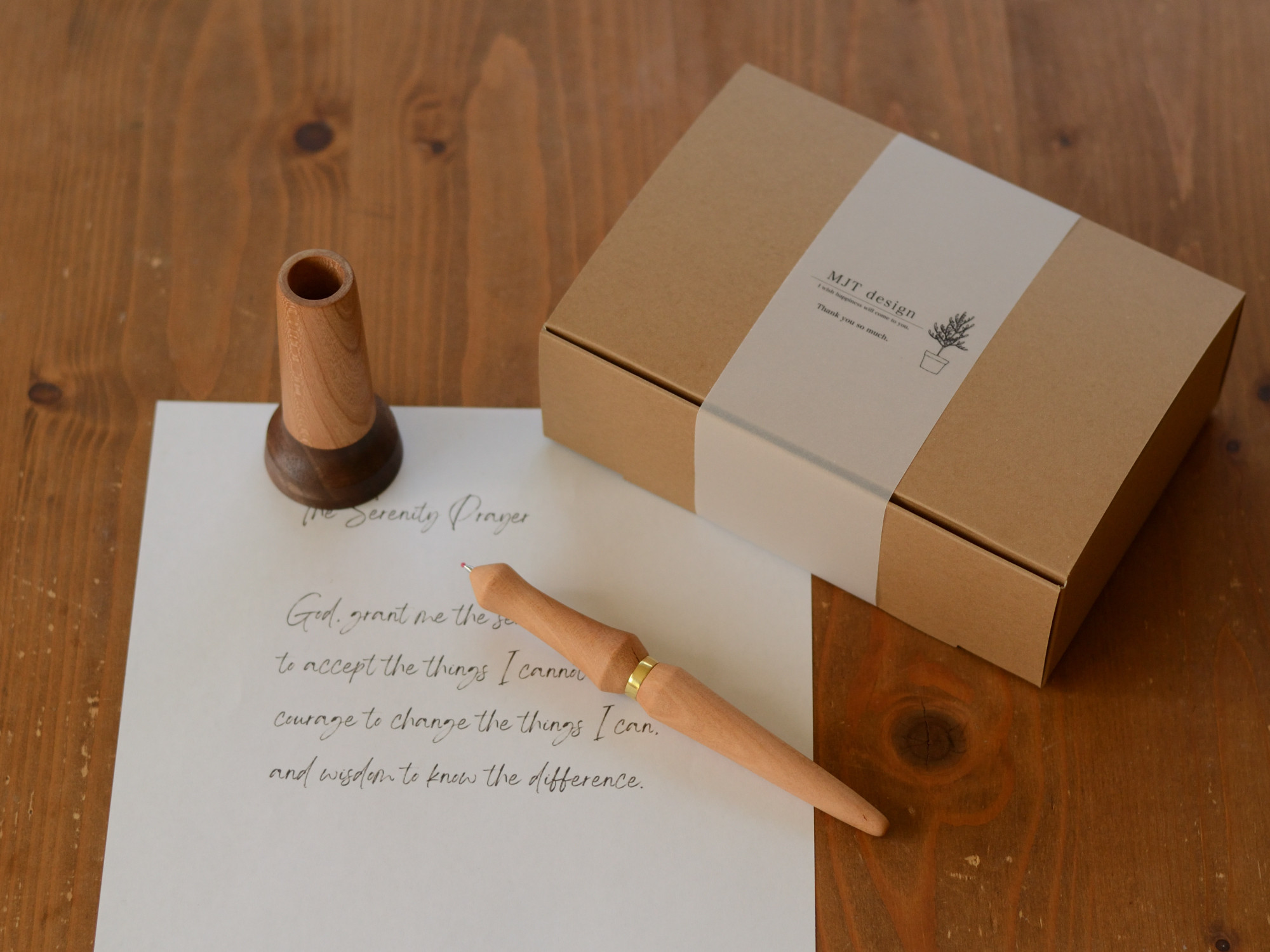 名入れ可/手作り木軸ボールペン+真鍮リング ペン立て付/プレゼント #0238