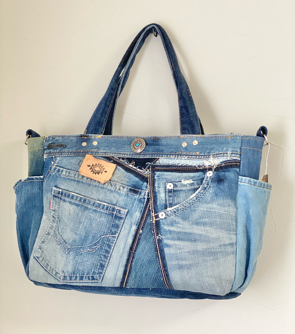 デニム リメイク バッグ 大きいサイズ ポケットたくさん トートバッグ