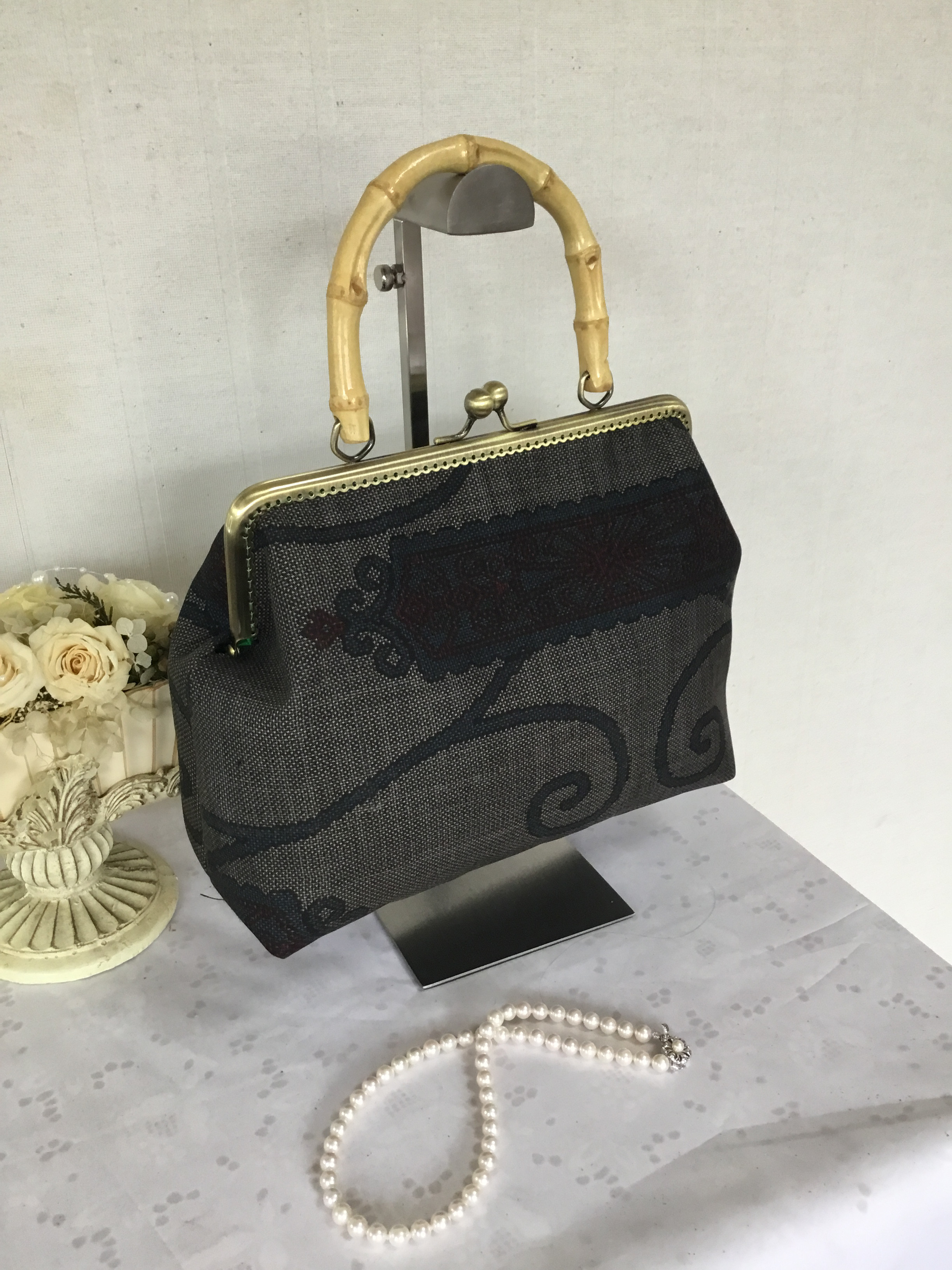 花ぷらら・オリジナル・洋服でも着物でも使える・ハンドメイド・リメイク・大島紬・カバン・がま口バック・485