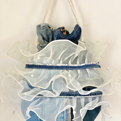 デニムリメイク／チュールデニムバッグ デニム リメイク 巾着 バッグ フリル パール付きチュール 巾着