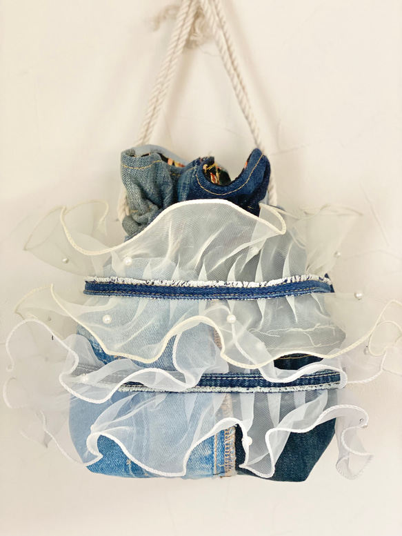 デニム リメイク 巾着 バッグ フリル パール付きチュール 巾着