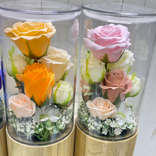 NEW！ ソープフラワー ボトルフラワー ローズアレンジ 天然木 4カラー