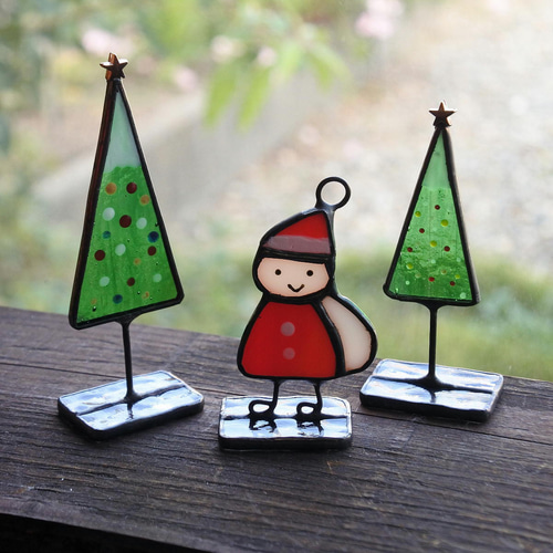サンタ くん単品orツリーセットのミニオブジェ 置物 ステンドグラス