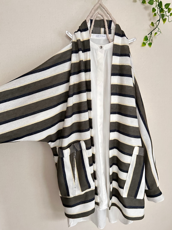 春秋冬やわらかい鹿の子ボーダーニットローブドルマンカーディガン 2枚目の画像