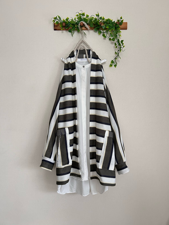 春秋冬やわらかい鹿の子ボーダーニットローブドルマンカーディガン 1枚目の画像