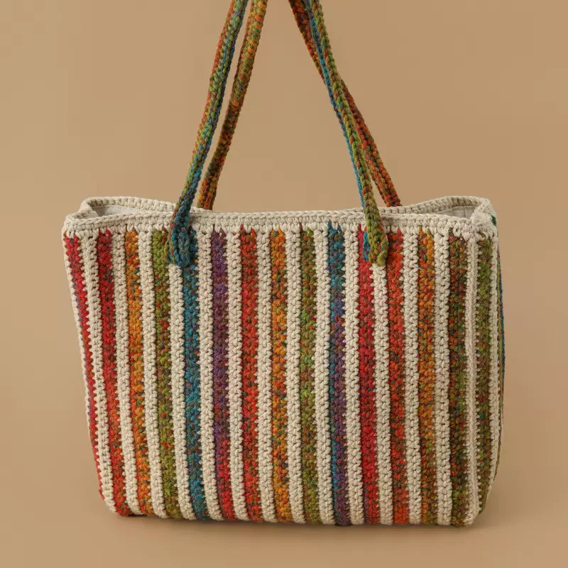 毛糸 手作り 手編み 手提げバッグ トートバッグ 誕生日 プレゼント【秋限定カラー｜縦縞柄｜Msize】1点