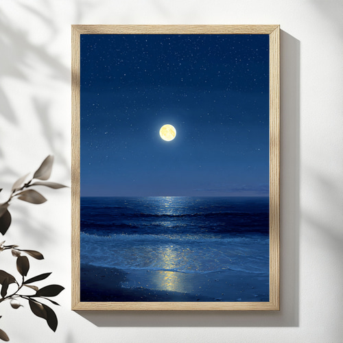 満月と夜の海 静けさと癒やしの水彩アート 風景画 インテリアアート