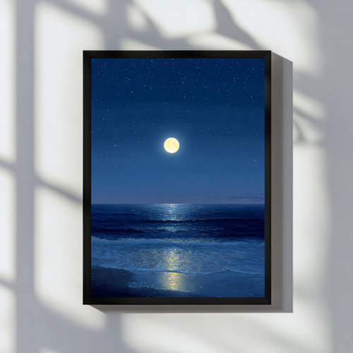 満月と夜の海 静けさと癒やしの水彩アート 風景画 インテリアアート