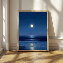 満月と夜の海 静けさと癒やしの水彩アート 風景画 インテリアアート