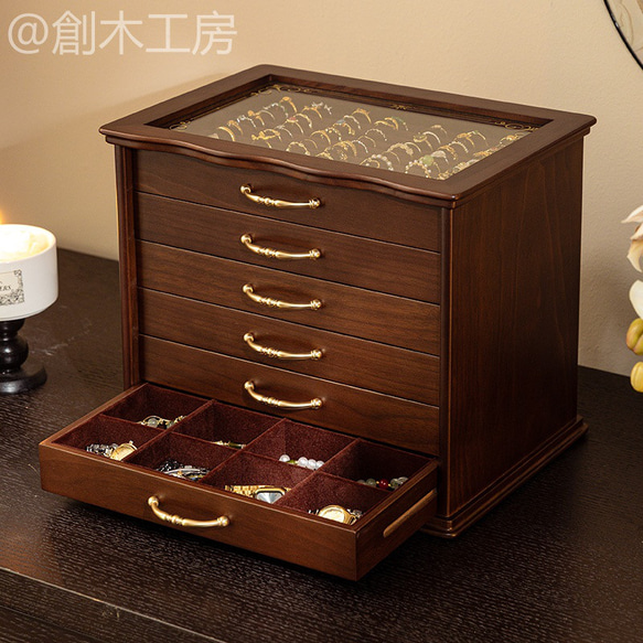 【予約販売】6段大容量 ジュエリーボックス 木製 アクセサリー収納&展示 指輪リング入れ 中古風 引き出し収納 4枚目の画像