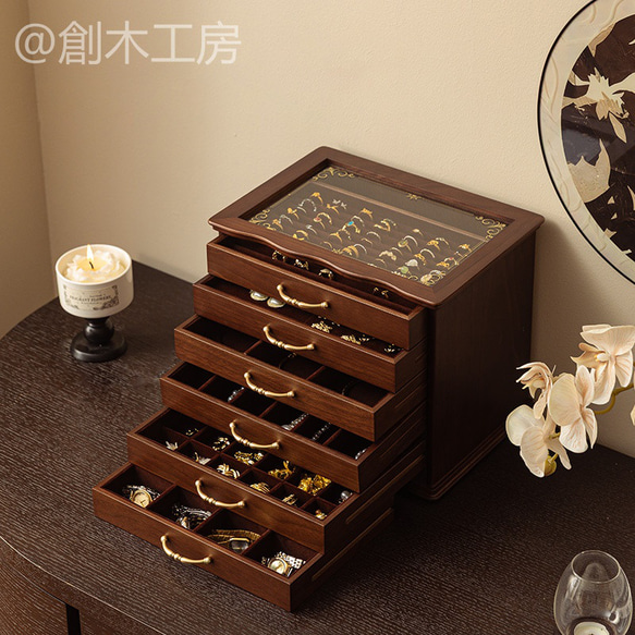 【予約販売】6段大容量 ジュエリーボックス 木製 アクセサリー収納&展示 指輪リング入れ 中古風 引き出し収納 9枚目の画像