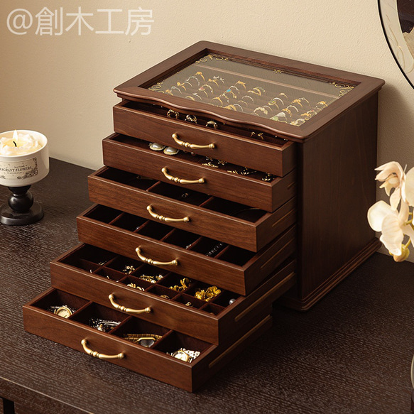 【予約販売】6段大容量 ジュエリーボックス 木製 アクセサリー収納&展示 指輪リング入れ 中古風 引き出し収納 11枚目の画像