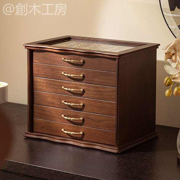 【予約販売】6段大容量 ジュエリーボックス 木製 アクセサリー収納&展示 指輪リング入れ 中古風 引き出し収納 1枚目の画像