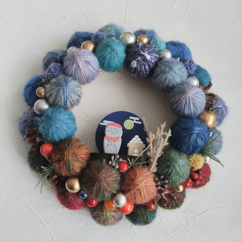 2025ヴァージョン〉毛糸玉の月見リース〜お地蔵様と月見団子〜 Sサイズ