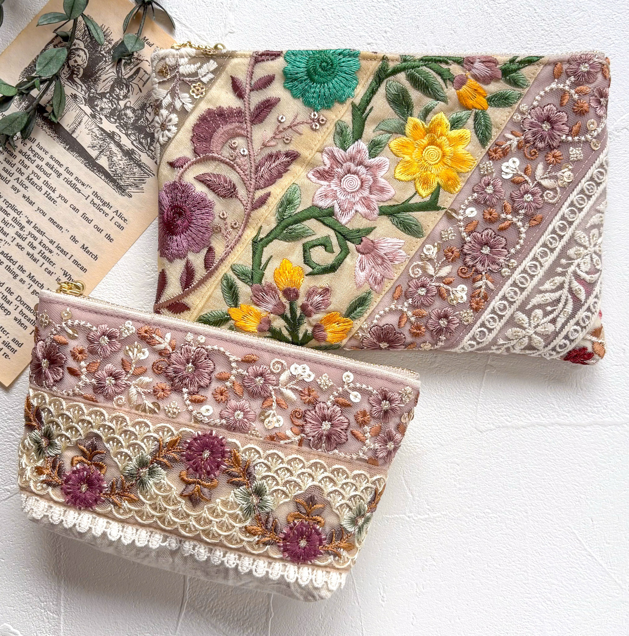 大人のためのインド刺繍ポーチ2点セット｜プチギフトや自分へのご褒美に｜モーヴ×イエロー