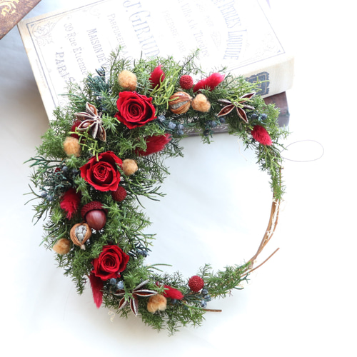 クリスマス2025】＊20センチ＊クレセントクリスマスリース～バラRED