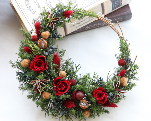 クリスマス2025】＊20センチ＊クレセントクリスマスリース～バラRED