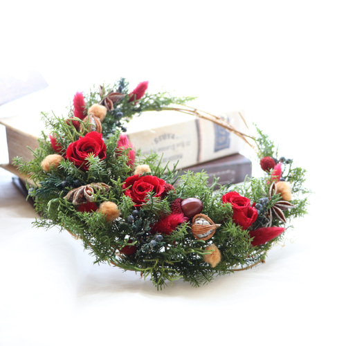 クリスマス2025】＊20センチ＊クレセントクリスマスリース～バラRED