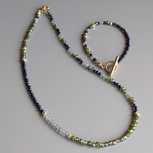 秋色 ◆フランスから届いたネイビーstoneとラブラドライトブレスレット カーキ サージカルステンレス 14kgfSV 8枚目の画像