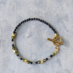 秋色 ◆フランスから届いたネイビーstoneとラブラドライトブレスレット カーキ サージカルステンレス 14kgfSV 2枚目の画像