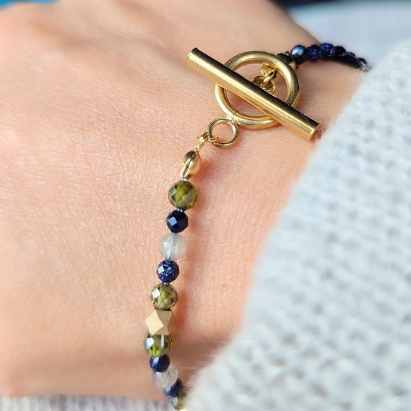 秋色 ◆フランスから届いたネイビーstoneとラブラドライトブレスレット カーキ サージカルステンレス 14kgfSV 7枚目の画像