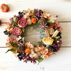 ドライフラワーリース ハンドメイド フラワーリース＊紫陽花リース  薔薇 ③専用 秋薔薇と紫陽花のドライフラワーリース