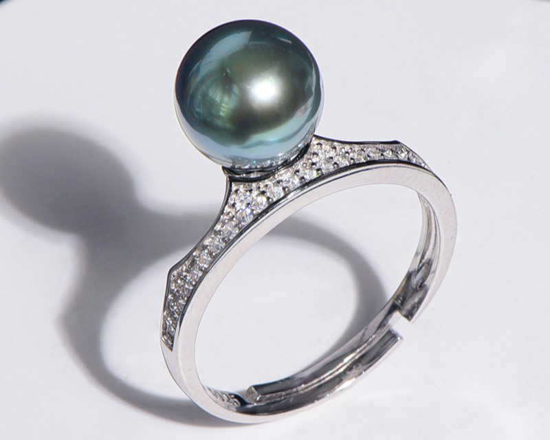 ルミナ 8-9mm 天然タヒチ黒真珠リング、完璧なラウンド、明るい海水真珠、925 シルバー、エレガントで高貴、普段使いやギフト