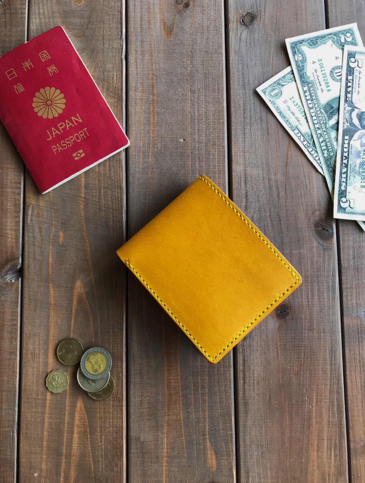 イタリアンレザーを使用した黄色の二つ折り財布