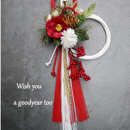 しめ縄飾り/クリスマス飾り/ハンドメイド/ お正月2026】☆新作☆46cm赤椿幸せお正月しめ縄飾り しめ縄・しめ飾り