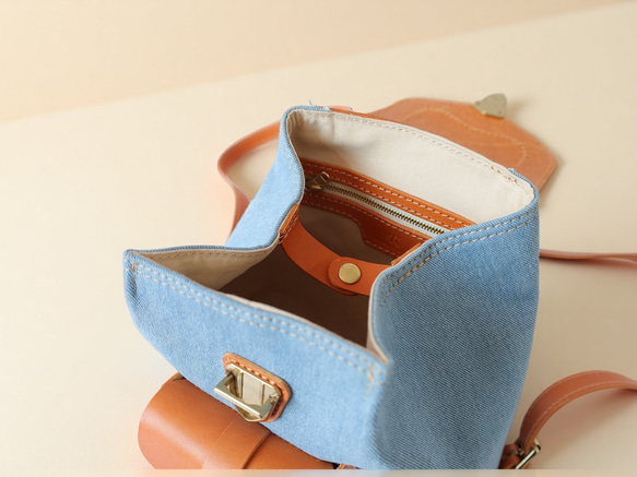 「デニム×革の組み合わせ」ミニリュックレトロで上品なバケットバックパック 12枚目の画像