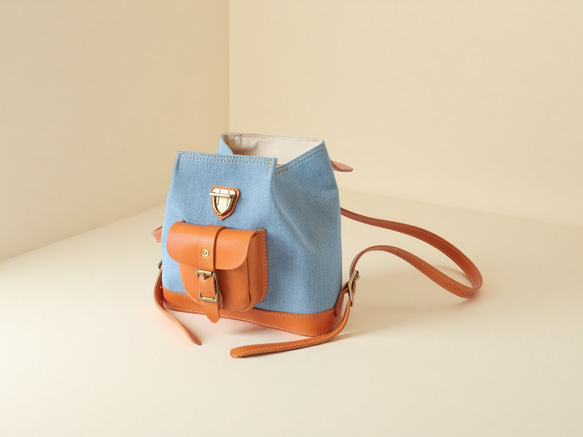 「デニム×革の組み合わせ」ミニリュックレトロで上品なバケットバックパック 11枚目の画像