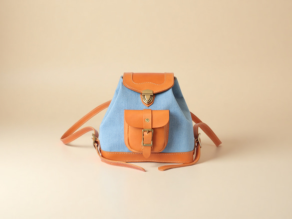 「デニム×革の組み合わせ」ミニリュックレトロで上品なバケットバックパック 4枚目の画像