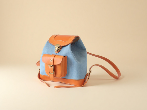 「デニム×革の組み合わせ」ミニリュックレトロで上品なバケットバックパック 2枚目の画像