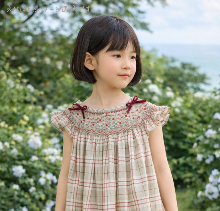 【7〜9歳】スモッキング刺繍 ワンピース丈ビショップ（チェック）｜手刺繍・一点もの