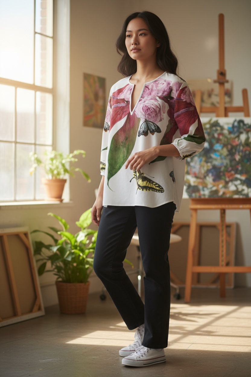 XXS〜7XL 　花とゆめ　水彩フラワーブラウス