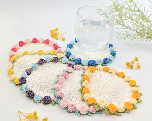 花束になるバラのコースター かぎ針編み 編み物 手編み コットン