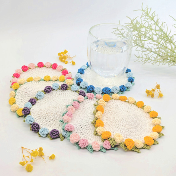 花束になるバラのコースター かぎ針編み 編み物 手編み コットン