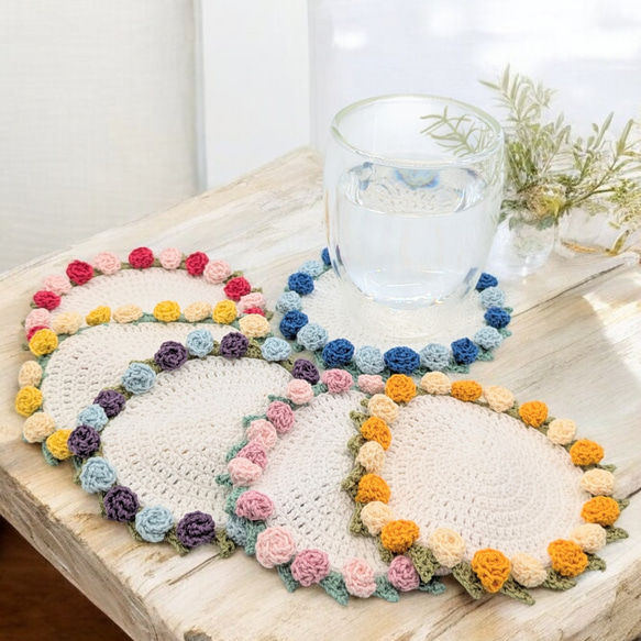 花束になるバラのコースター かぎ針編み 編み物 手編み コットン