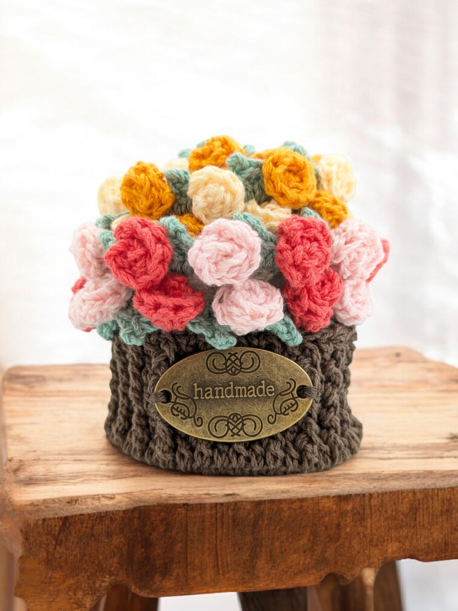 花束になるバラのコースター（2枚＋専用容器のセット） かぎ針編み