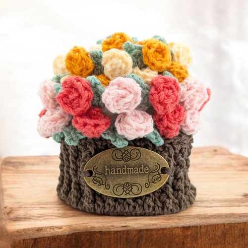 花束になるバラのコースター（2枚＋専用容器のセット） かぎ針編み