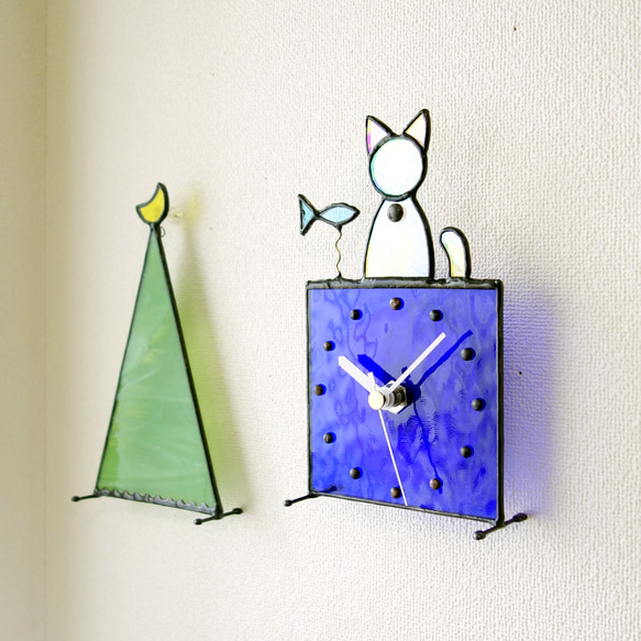 ステンドグラス*掛け＆置き時計・猫と魚・受注制作 2枚目の画像