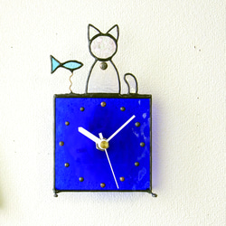 ステンドグラス*掛け＆置き時計・猫と魚・受注制作 3枚目の画像