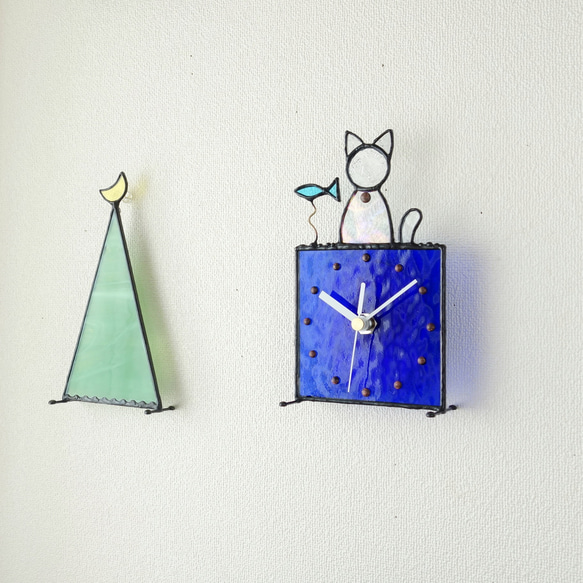 ステンドグラス*掛け＆置き時計・猫と魚・受注制作 2枚目の画像