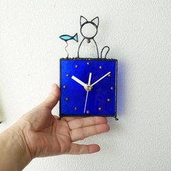 ステンドグラス*掛け＆置き時計・猫と魚・受注制作 6枚目の画像