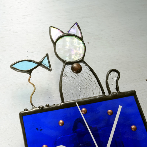猫と魚]ステンドグラス*掛け時計/置き時計・受注制作 掛け時計
