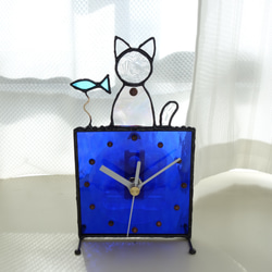 ステンドグラス*掛け＆置き時計・猫と魚・受注制作 3枚目の画像