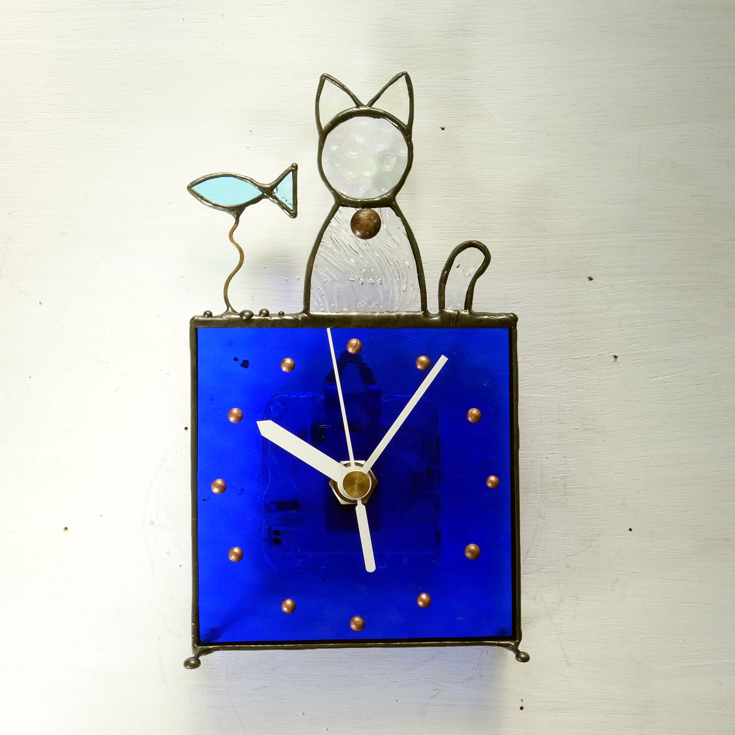 [猫と魚]ステンドグラス*掛け時計/置き時計・受注制作