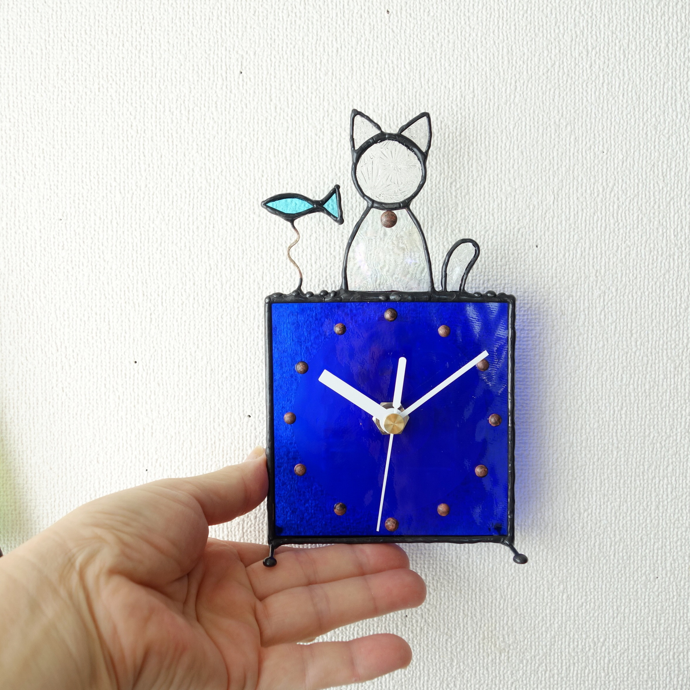 ステンドグラス*掛け＆置き時計・猫と魚・受注制作 掛け時計・置き時計